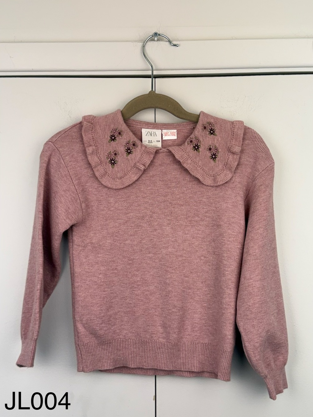 ZARA Kids Pink Lilac Embroidered Peter Pan Collar Sweater 3-4Y NWT